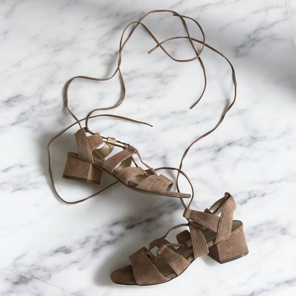 STEVE MADDEN Tan Suede Laceup Kitten Heels Sandals Size 6 - Picture 1 of 9